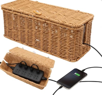 Handgemaakte Rieten Kabel Organizer met Deksel voor het Verbergen van Kabels, Ideaal voor Thuis en Kantoor, Geschikt voor TV, Computer en Stopcontacten (Bruin)