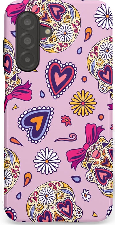 Casetastic hoesje geschikt voor Samsung Galaxy A26 - Dubbellaagse bescherming - Dia de los Muertos Doodshoofd Strik - Fashion Case - Lichtroze Lila Taupe Zilver