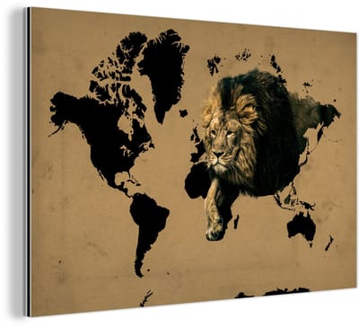 Aluminium schilderij 120x80 cm - Wanddecoratie metaal - Wereldkaart - Bruin - Leeuw - Metalen muurdecoratie woonkamer - Decoratie industrieel - Foto op dibond - Industriële accessoires slaapkamer