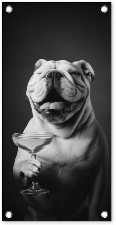 Tuinposter 30x60 cm - Tuindecoratie Buldog - Hond - Glas - Poster voor in de tuin - Buiten decoratie - Schutting tuinschilderij - Tuindoek muurdecoratie - Wanddecoratie balkondoek