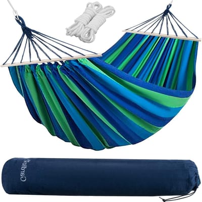 Dubbele Tuin Hangmat - Relaxstoel Buiten - Ontspannen in de tuin - Met houten spreidstokken - 260x160cm - Blauw Groen