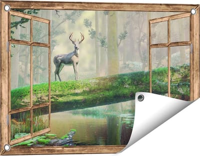 Gards Tuinposter Doorkijk Hert in het Bos op een Boom - 60x40 cm - Tuindoek - Tuindecoratie - Wanddecoratie buiten - Tuinschilderij