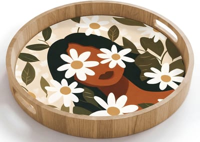Dienblad rond 40x40 cm - Schootdienblad hout - Illustratie - Vrouw - Madeliefjes - Wit - Borrelplank rechthoek - Plateau houten dienbladen