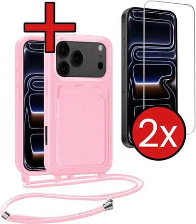 Hoesje Geschikt voor iPhone 17 Pro Max / 18 Pro Max Hoesje Met Telefoonkoord en Pasjeshouder Met 2x Screenprotector Siliconen - Hoes Geschikt voor iPhone 17 Pro Max / 18 Pro Max Hoesje Met Kaarthouder Case - Lichtroze