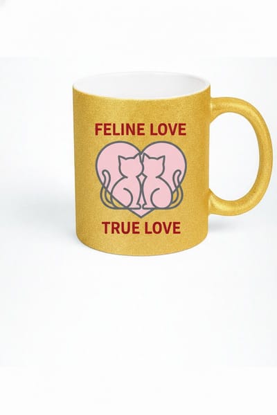 Gouden Glitter Mok met Katten 'Feline Love True Love' Design