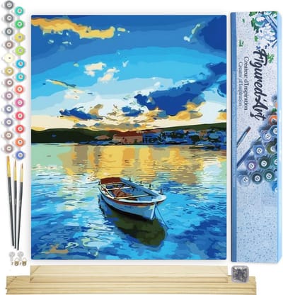 Figured'Art Schilderen op Nummer Volwassenen canvas Kleine boot bij zonsopgang - Handwerk acrylverf Kit DIY Compleet - 40x50cm met DIY houten lijst