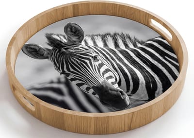 Dienblad rond 40x40 cm - Schootdienblad hout - Zebra's - Zwart - Wit - Borrelplank rechthoek - Plateau houten dienbladen