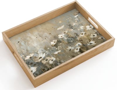 Dienblad hout 40x30 cm - Schootdienblad - Bloemen - Wit - Natuur - Grijs - Modern - Borrelplank rechthoek - Plateau dienbladen