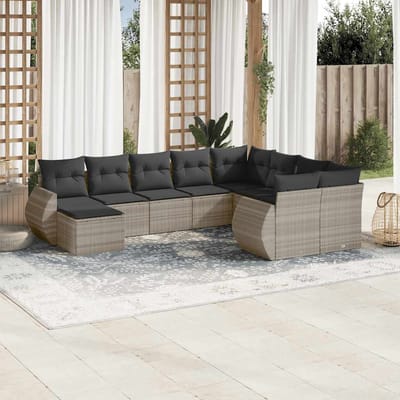 vidaXL - 10-delige - Loungeset - met - kussens - poly - rattan - lichtgrijs