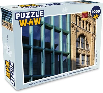 Puzzel Straatbeeld van Manhattan, New York waar oude en nieuwe gebouwen samen komen. - Legpuzzel - Puzzel 1000 stukjes volwassenen