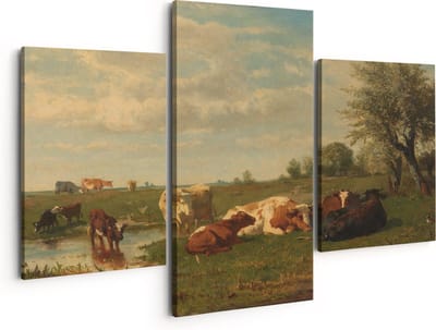Artaza Canvas Schilderij Drieluik Koeien in de Weide - Gerard Bilders - 150x120 - Groot - Foto Op Canvas - Canvas Print