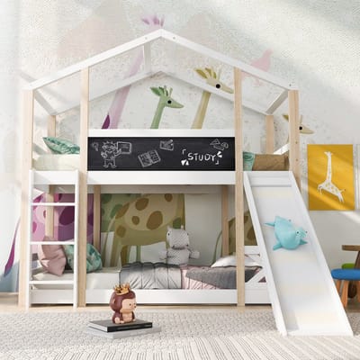 Kinderbed Boomhut met Glijbaan & Ladder 90x200 cm, Hoogbed voor Kinderen-2x Lattenbodem-Natuur & Wit