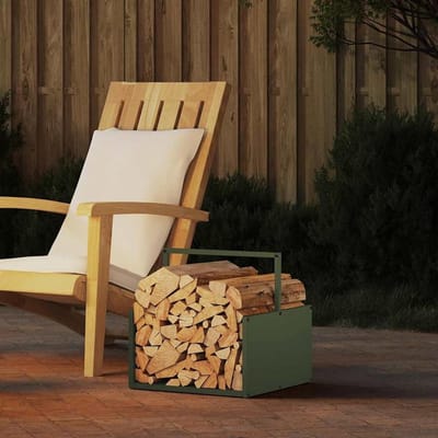 Gecheer 864274 Brandhoutrek olijfgroen, 40 x 40 x 40 cm, koudgewalst staal, haardhoutrek voor binnen en buiten, kampvuur, camping, reizen