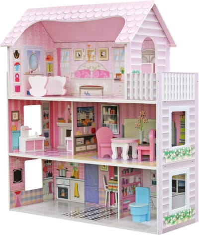 Rijoka Houten Poppenhuis Classic Roze | Meubelset 8pcs | 3 Verdiepingen | 62x27x70cm