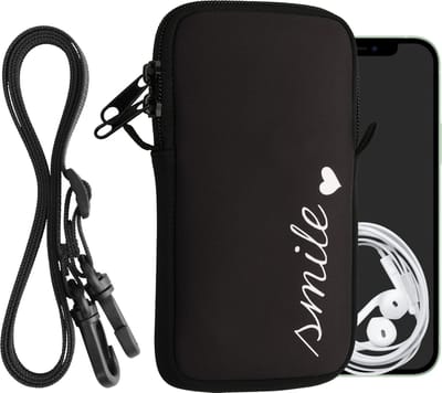 kwmobile Tasje voor smartphones L - 6,5" - Hoesje van neopreen in wit / zwart - Phone case met nekkoord - Smile en Hartje design