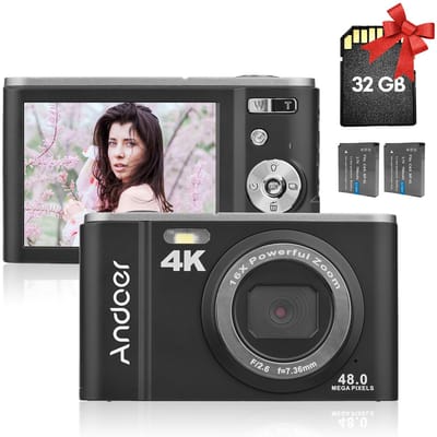 Appareil photo numérique portable Andoer 48MP 4K Écran IPS 2,8 pouces Zoom 16X Retardateur 128 Go étendu With 32GB Memory Card noir