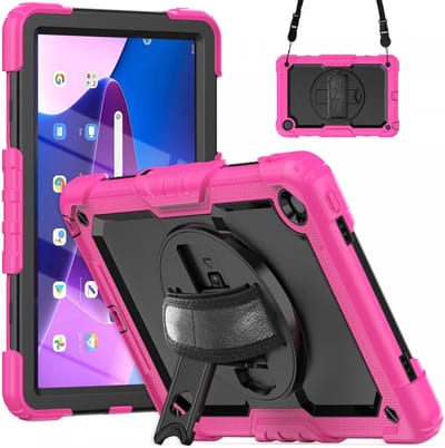 Hoes met ingebouwde Screenprotector Geschikt voor Lenovo Tab M10 Plus Gen 3 (10.6) | Inclusief Handriem en Schouderriem | Extreme bescherming | Ideaal voor zakelijk gebruik | Roze