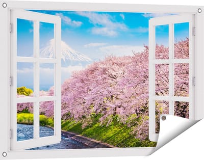 Gards Tuinposter Doorkijk Roze Bloesembomen bij de Fuji Berg - 90x60 cm - Tuindoek - Tuindecoratie - Wanddecoratie buiten - Tuinschilderij