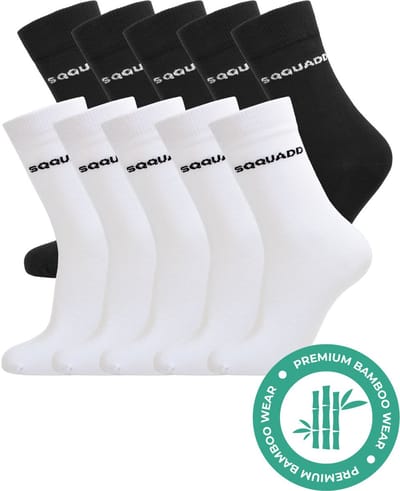 SQQUADD® Bamboe Sokken Dames en Heren - Wit Zwart Mix 10-pack - Maat 35-38 - Naadloos en Duurzaam - Tegen Zweetvoeten - Bamboo