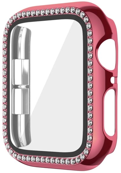 Watch case screenprotector - hoesje - gehard glas - geschikt voor Apple Watch Series 7/8/9 met case size 45 mm - glittersteentjes - rosekleurig