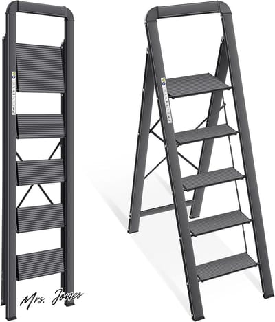 Mrs. Jones Trapladder 5 treden opvouwbaar met leuning antislip huishoudladder - aluminium opstapkruk belastbaar tot 150 kg - zwart .