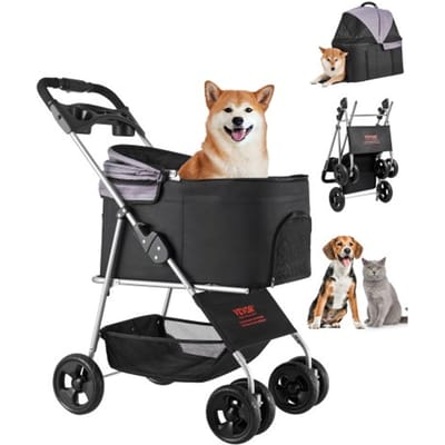 VEVOR Hondenbuggy 81x46x97 cm, laadvermogen 16 kg, opvouwbare hondenbuggy, 4-wielbuggy met afneembare drager en gaasvensters, draagbare hondenbuggy met rem voor kleine tot middelgrote huisdieren