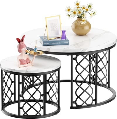 MODFU Salontafel 70x70x45 & 45x45x37 cm – Set van 2 met marmerlook – Nestbaar & ruimtebesparend – Stevig metalen frame – Moderne woonkamer tafel – Zwart/Wit & Goud