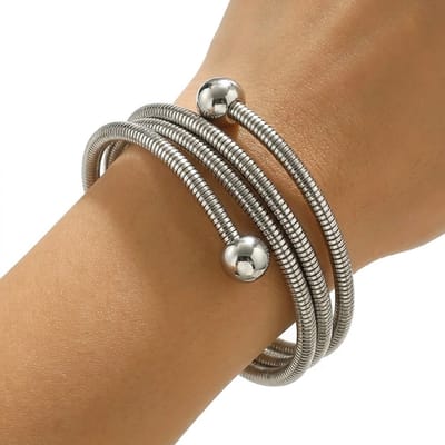 Zilverkleurig armband dames meerlaagse bangle armband verstelbare statement armband spiraal armband elastische armband met bolvormige uiteinden