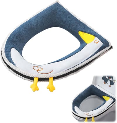 Set van 2 Zachte WC-brilhoezen met 3D Eend Motief in Blauw – Warme, Comfortabele Toiletbrilbeschermers met Rits, voor Extra Comfort in de Badkamer