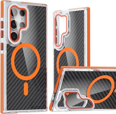 Magsafe Hoesje Geschikt voor Samsung S24 Ultra hoesje Oranje Heavy Duty Carbon Case met Versterkte Zijkanten, MagSafe en Camera Kickstand