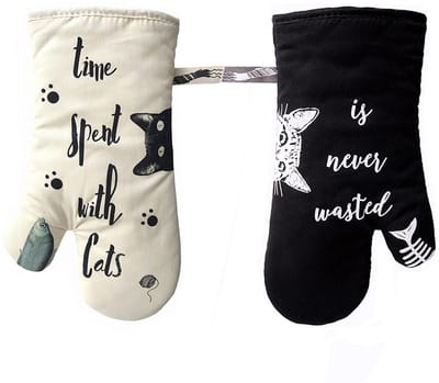 1Bakhandschoenen met dubbel kattenpatroon - Ovenhandschoenen - Hittebestendige handschoenen - Bescherming tegen brandwonden - Zwart/wit - Katoen