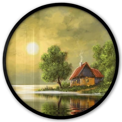 Poster in lijst Rond - Fotolijst 40x40 cm - Posters - Schilderij - Olieverf - Huis - Natuur - Water - Ronde posterlijst zwart - Decoratie - Wanddecoratie woonkamer - Muurdecoratie slaapkamer