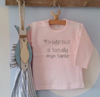 Shirtje baby lange mouw roze meisje tekst tante de liefste tante is toevallig mijn tante | lange mouw T-Shirt | roze zilver | maat 68 |  leukste kleding babykleding cadeau verjaardag