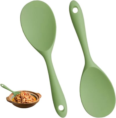 Siliconen Lepels Set van 2 voor Koken, Ideaal voor Rijst, Aardappelpuree en Sushi Rice, Antiaanbak en Duurzaam (Groen, 22 x 6 cm)