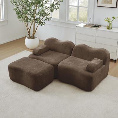 BLACKCOLORS Modulaire 2-zits L-vormige bank met 1 chaise longue, Boneless-constructie, golvende vorm, afneembaar armleuningkussen, voor woonkamer en appartement, geen montage nodig, bruin