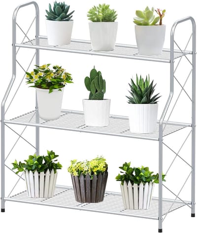Plantenrek, bloemenrek, metaal, 3 niveaus, plantenstandaard, bloempot, pothouder voor buiten, binnen, balkon, tuin, multifunctioneel bloemenrek met grote capaciteit, zilver