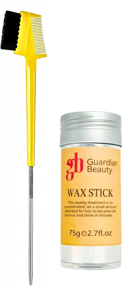 Guardian Beauty Edge Control Borstel en Kam - met Stalen Naald - Geel + Waxstick - Haarstylingtools voor Randjes en Gladstrijken