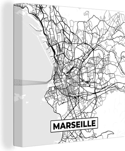 Canvas Schilderij Kaart - Plattegrond - Marseille - Frankrijk - Stadskaart - Zwart wit - 20x20 cm - Wanddecoratie