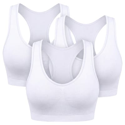 Wit sport beha dames – naadloze sport bh set – elastische dunne sport top zonder sluiting – ademende enkellaagse sport bh met brede schouderbanden – lichte ondersteuning – fitness yoga hardlopen – maat S – set van 3
