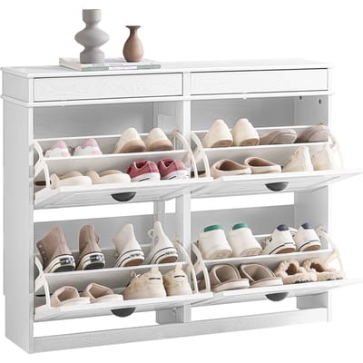 SoBuy FSR79-WG Schoenenkast met 4 kleppen, schoenenkast, entree, schoenenkast, schoenenrek, 16 paar, voor hal, entree, 103 x 23 x 82 cm, antiek houteffect, wit