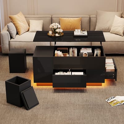 Pugsdrly 100*50*45 cm 4-in-1 salontafel In hoogte verstelbare salontafel met LED, salontafel met 2 lades, glanzende tafel met bank en 2 krukken, bijzettafel met verborgen opbergruimte, draagvermogen tot 50 kg, zwart