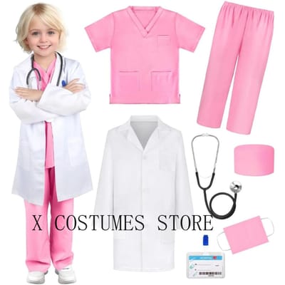 Costume d'infirmier/infirmière Cosplay Médecin pour enfant Combinaison d'infirmier/infirmière Blouse chirurgicale à col en V de médecin Filles Garçons Fête d'Halloween Vêtements de rôle Épidémie 110cm&Doctors Nurse pink