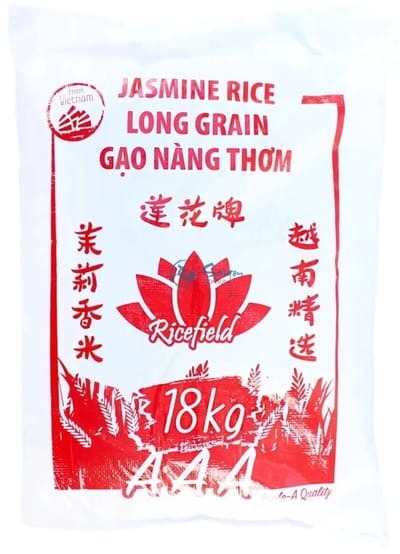 RICEFIELD 100% Jasmijnrijst Langkorrelig – Premium Geurige Jasmijnrijst, Natuurlijk Aromatisch, Zacht & Luchtig na Koken, Ideaal voor Aziatische Gerechten, Dagelijks Gebruik & Horeca, 18 kg met Kajal Sticker