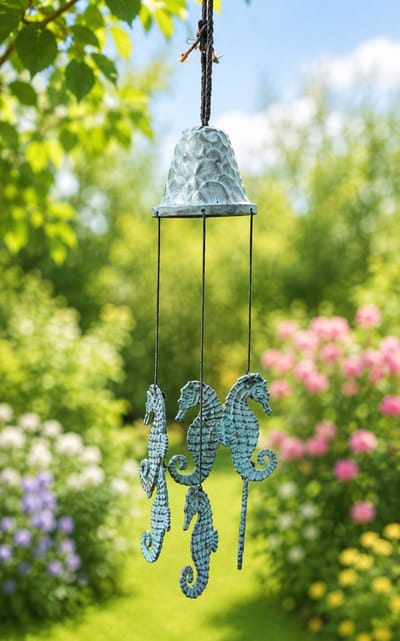 Beeld brons - tuinbeeld - Windgong zeepaardjes - 30 cm hoog