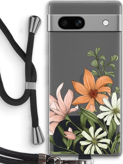 Case Company® - Hoesje met koord geschikt voor Google Pixel 7A hoesje met Koord - Floral bouquet - Telefoonhoesje met Zwart Koord - Bescherming aan alle Kanten en Over de Schermrand