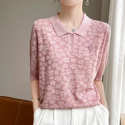 Pull POLO Tennis Manches Courtes Été Femme Fin Polyvalent Réduction d'Âge Haut Quotidien M white