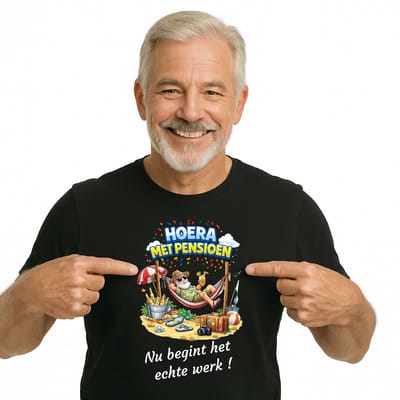 T-shirt - unisex - zwart - BIO Katoen - Ik ben met pensioen, nu begint het echte werk - pensionado - retired - VUT - gepensioneerd - maat S