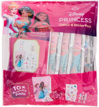 Disney Princess kleur- en stickerset – 10 uitdeelzakjes met stickers, wasco en kleurboekje – creatieve knutselset voor kinderen – ideaal als uitdeelcadeautje, traktatie voor school, kinderfeestje of verjaardag – Disney Princess knutselpakket