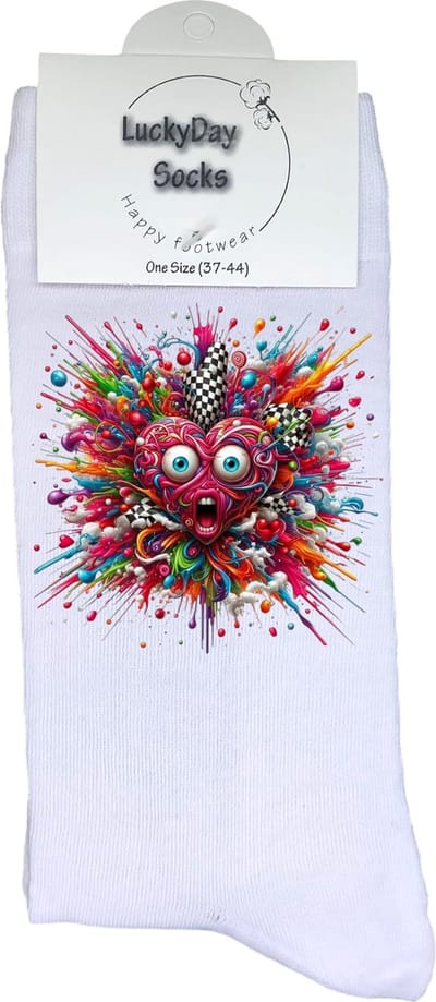 Hart - Verjaardags cadeau - Grappige sokken - Print sokken - Leuke sokken voor heren en dames - Moederdag - Vaderdag - Cadeau voor hem en haar - Kerstcadeau - vrolijke sokken - Valentijns cadeau - Explosie - Socks waar je Happy van wordt - Maat 37-44