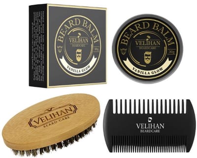 Velihan Beardcare - Baardverzorging Trio Pack - Baardbalsem Vanilla Glow 30g, Baardborstel en Baardkam - Baardverzorging set - Cadeau voor hem - Baardverzorging - Baard olie - Cadeau voor vriend - Baardgroei - Perfecte cadeau voor man